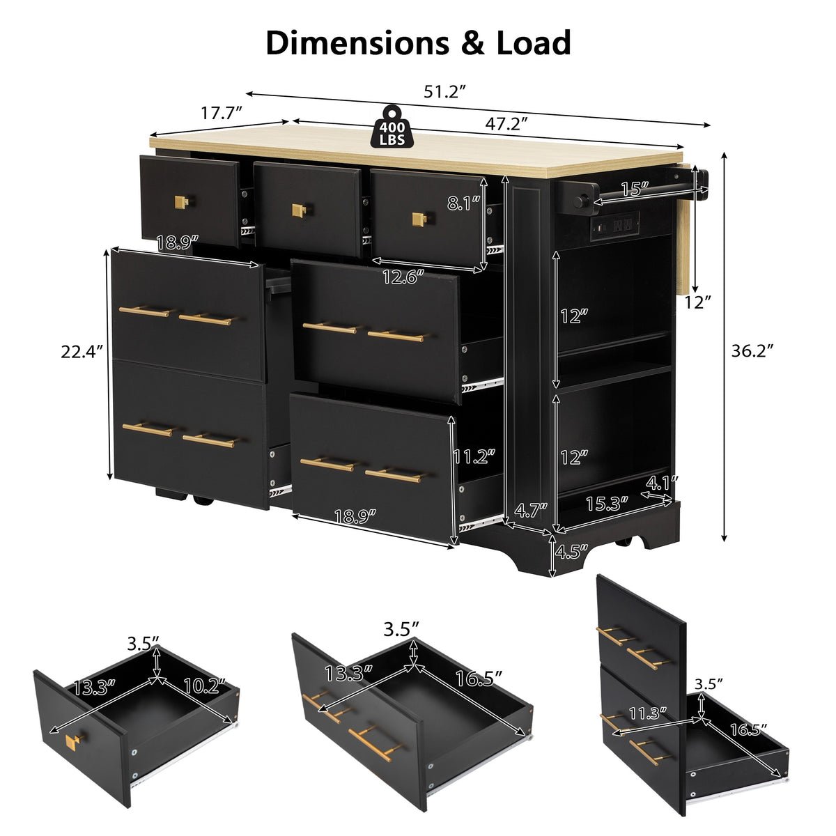 variant-group:rf-n707s307292b|Roomfitters 51" Kitchen Island with Power Outlet and Drop Leaf, Rolling Cabinet with Pull-Out Trash Can Drawer, Black