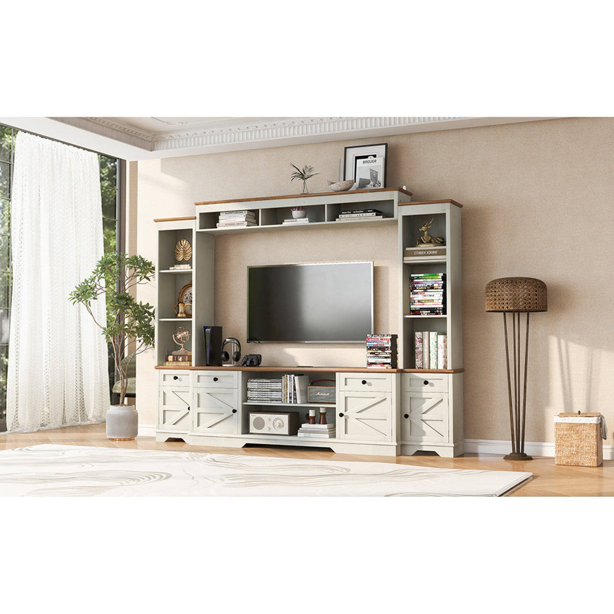 variant-group:rf-n724sj000154aak|Roomfitters 98.8"W Farmhouse Wall Unit Entertainment Center, 4 Barn Doors, White & Walnut