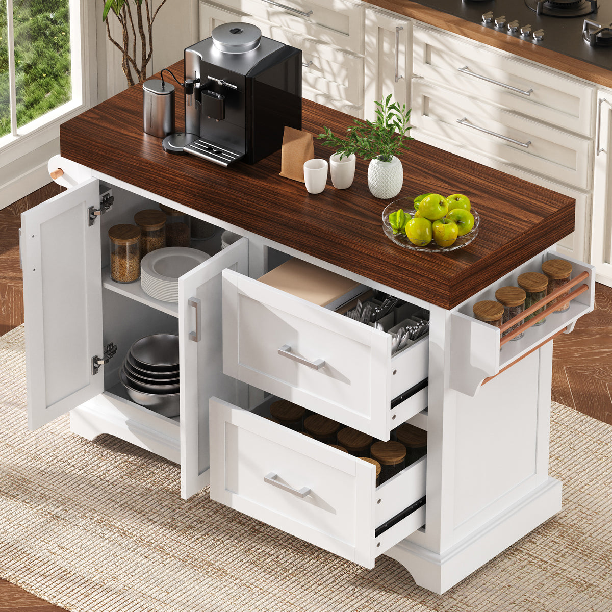 variant-group:rf-n707s000025w|Roomfitters 53" Kitchen Island with Butcher Block Top, Storage Cabinet with Drawers, Spice Rack and Towel Holder, White