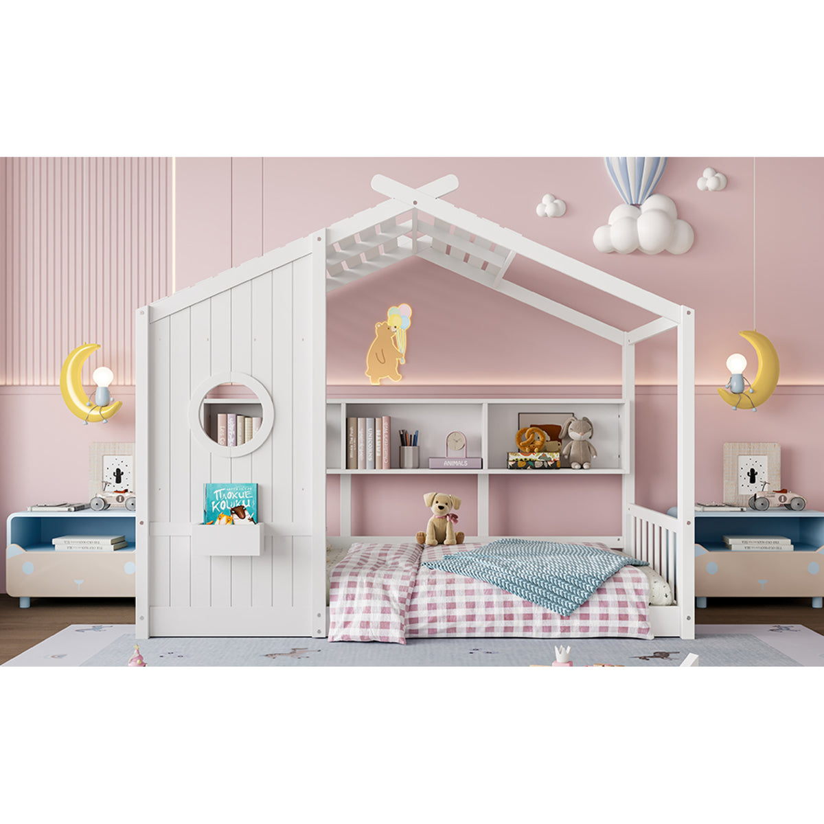 variant-group:rf-n733p335064k|Roomfitters Twin Size Floor House Bed with Storage Shelf and Roof Design, Montessori Playhouse Bed, White