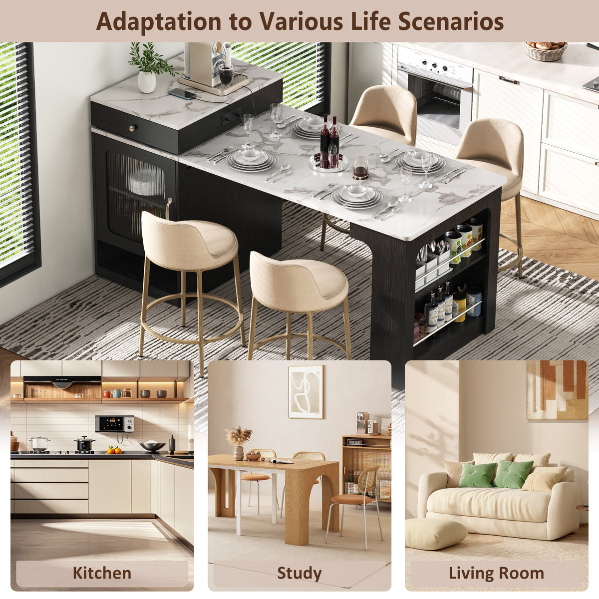variant-group:rf-n707s000017b|Roomfitters 59.5" Kitchen Island with 41.8" Extendable Dining Table, Double-Sided Storage, Power Outlet, 2 Drawers, Black