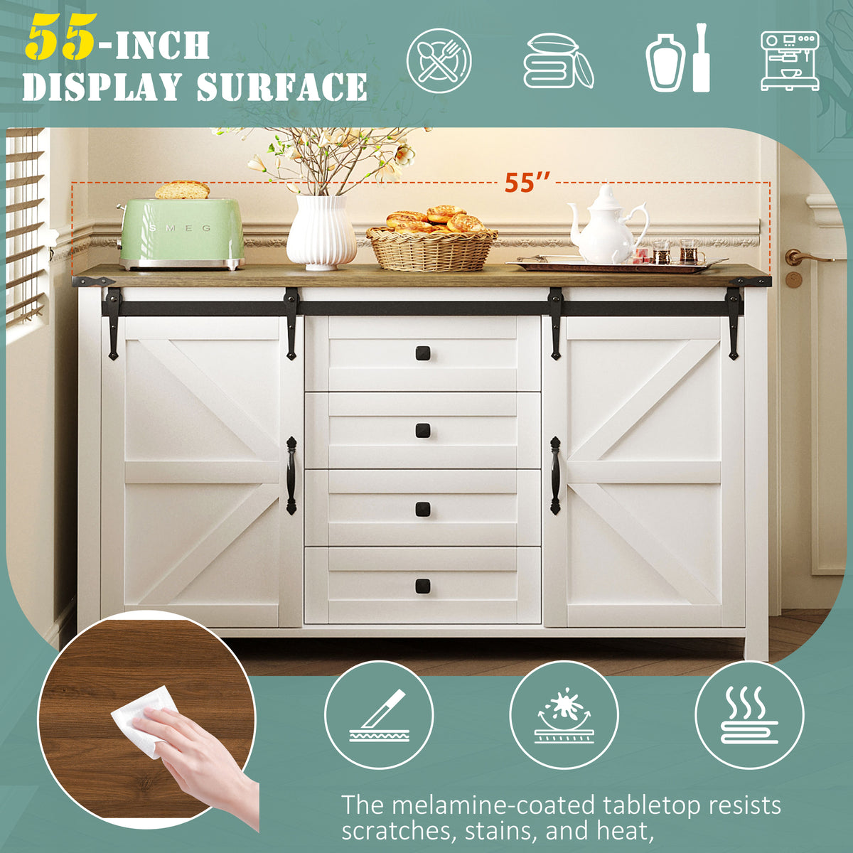 variant-group:rf-n711p347377k|Roomfitters 55.1" Storage Cabinet with 4 Drawers and Sliding Barn Doors, Farmhouse Sideboard Buffet for Kitchen & Dining, White