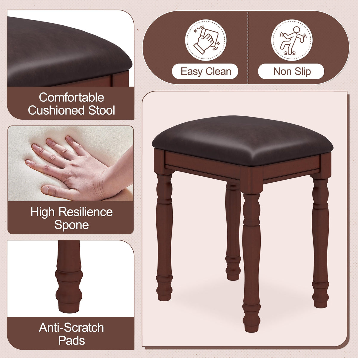 Roomfitters Vintage Vanity Desk with Adjustable Mirror, Makeup Table and Cushioned Stool Set, Wooden Dressing Table with 5 Drawers and Velvet Lining, Walnut