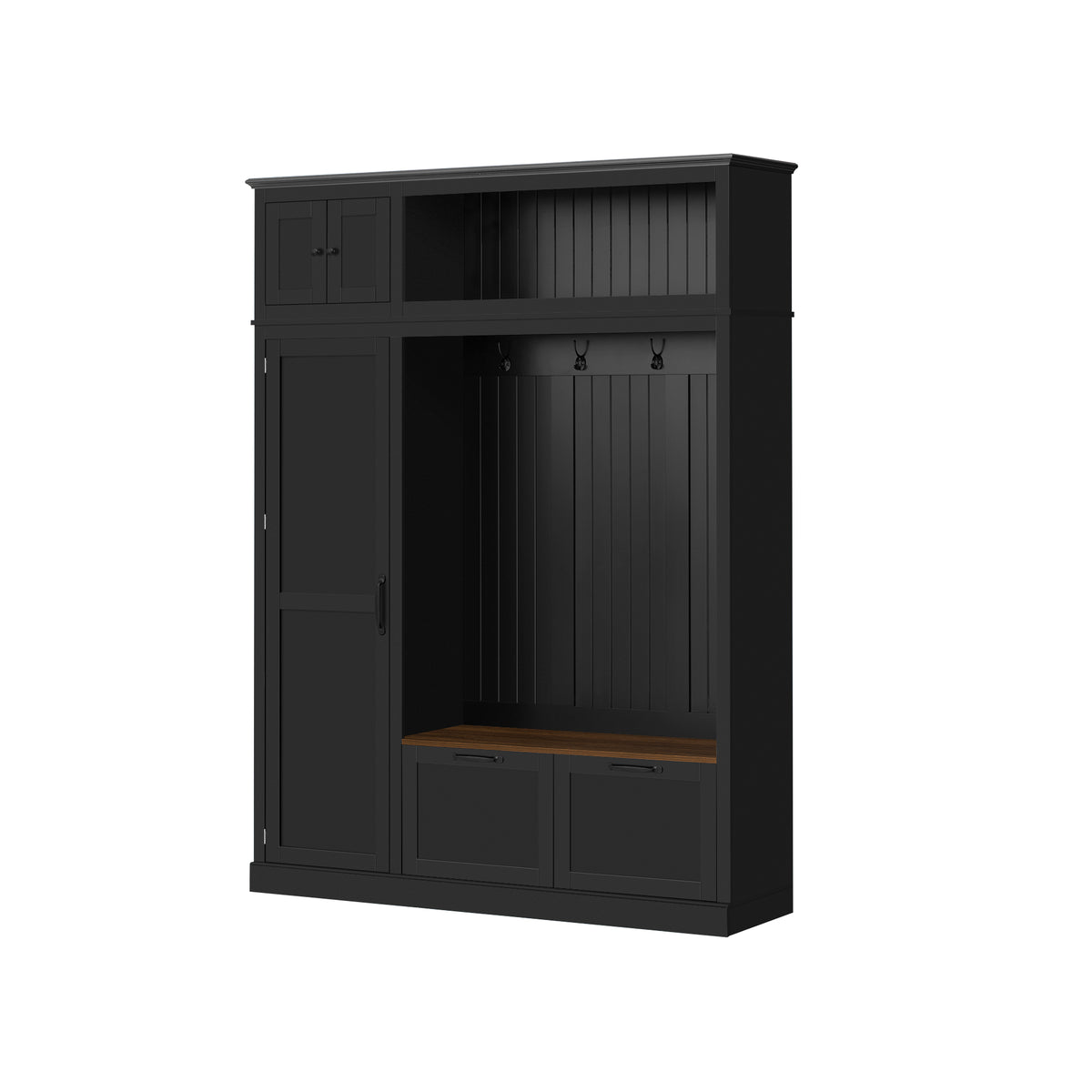 variant-group:rf-n724sj000160aab|Roomfitters 3-in-1 Entryway Hall Tree with Overhead Storage Cabinet, 2 Drawers, Black