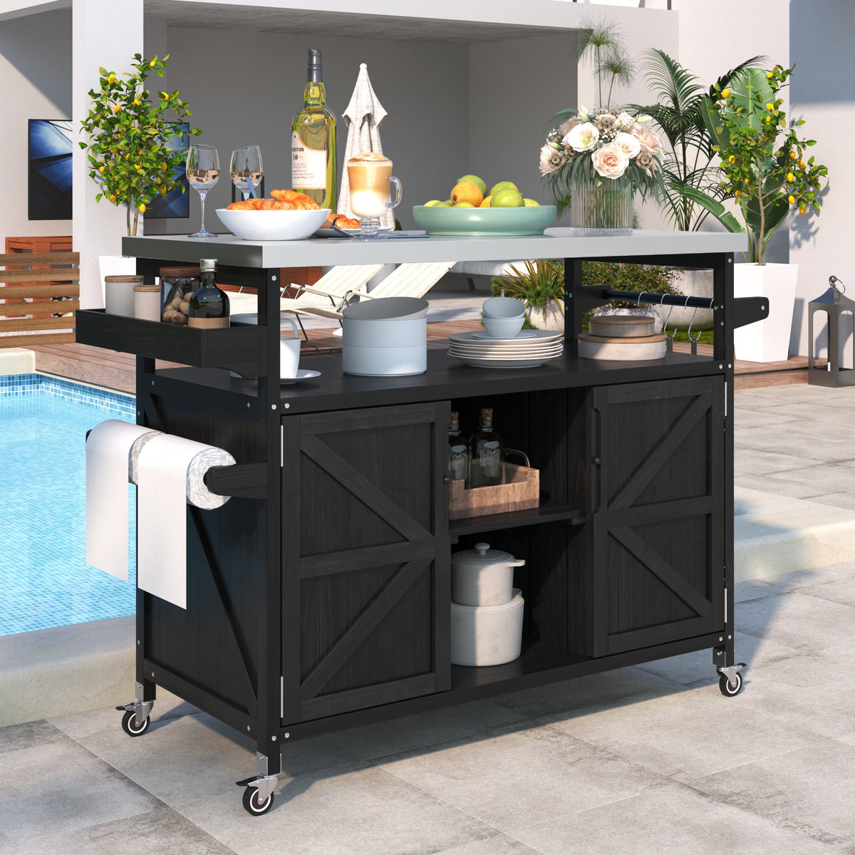 Roomfitters Outdoor Kitchen Island, Rolling Bar Cart with Storage Cabinet, Wood Grill Table, Stainless Steel Top, Spice Rack, Black