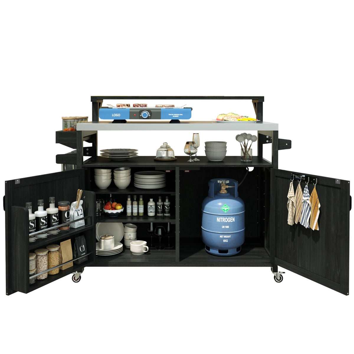 Roomfitters 56.5" Grill Cart, Outdoor Kitchen Island with Stainless Steel Top and Storage Cabinet, BBQ Prep Station, Black