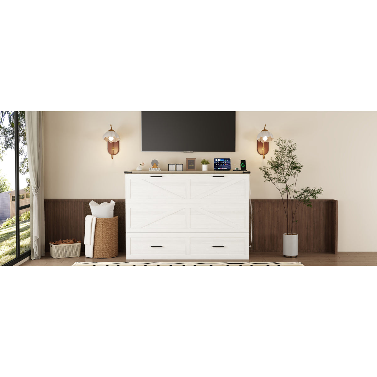 variant-group:rf-n733s361778w|Roomfitters Queen Farmhouse Murphy Cabinet Bed with Charging Station, Foldable Platform Bed with Storage Drawer, White