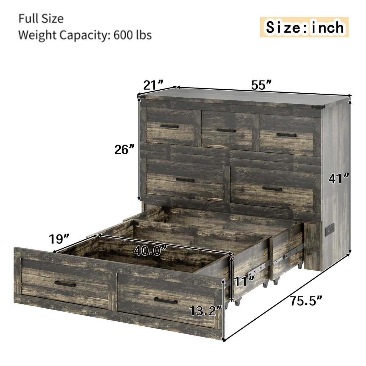 variant-group:rf-n733s293995g|Roomfitters Full Size Murphy Bed Cabinet with Charging Station, Foldable Platform Bed with Storage Drawer, Rustic Gray