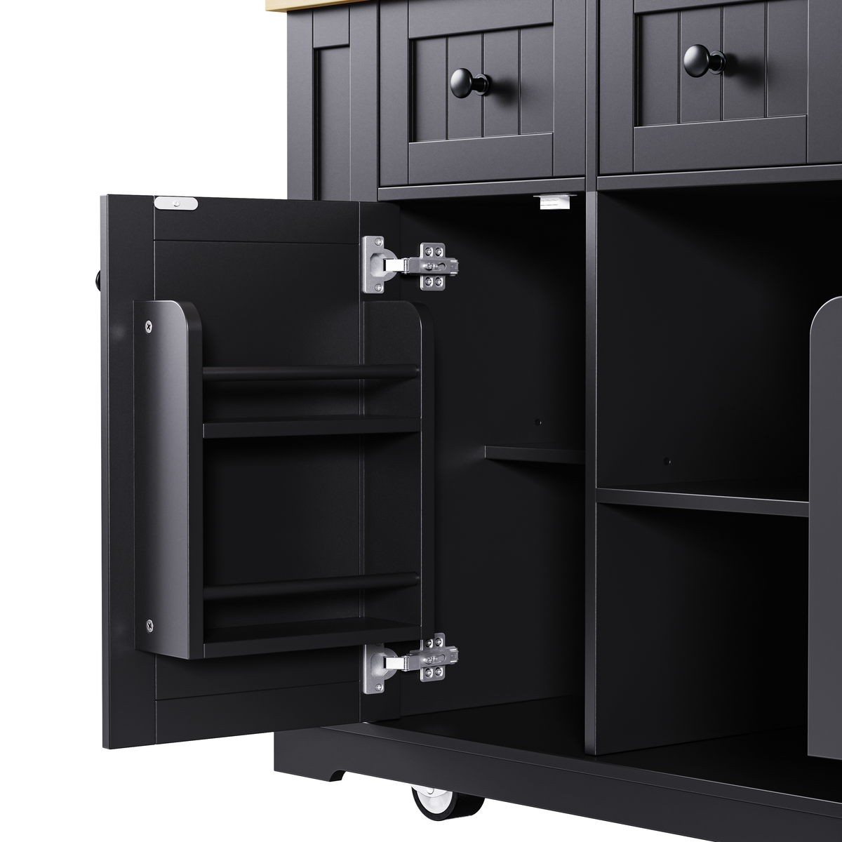 variant-group:rf-n707s003007b|Roomfitters 53" Kitchen Island with 2 Bar Stools, Drop Leaf, Power Outlet, Rolling Kitchen Cart Set with Storage, Black
