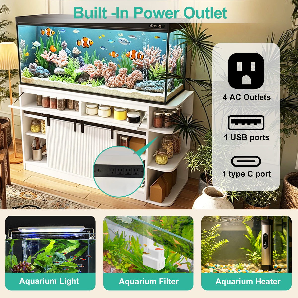 Roomfitters 75 Gallon Fish Tank Stand with Smart App RGB LED Lights Sliding Fluted Doors and Power Outlets White Roomfitters