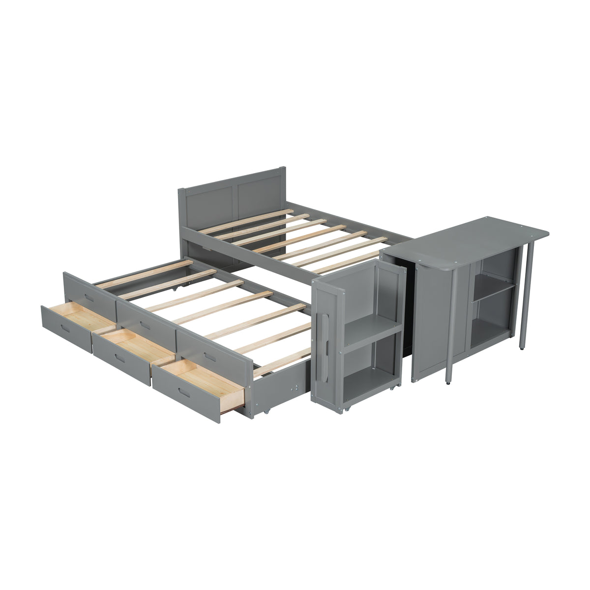 variant-group:rf-n733s212832e|Roomfitters Twin Size Multifunctional Wood Platform Bed with Desk and Storage Shelf, Built-in Trundle and Storage, Grey