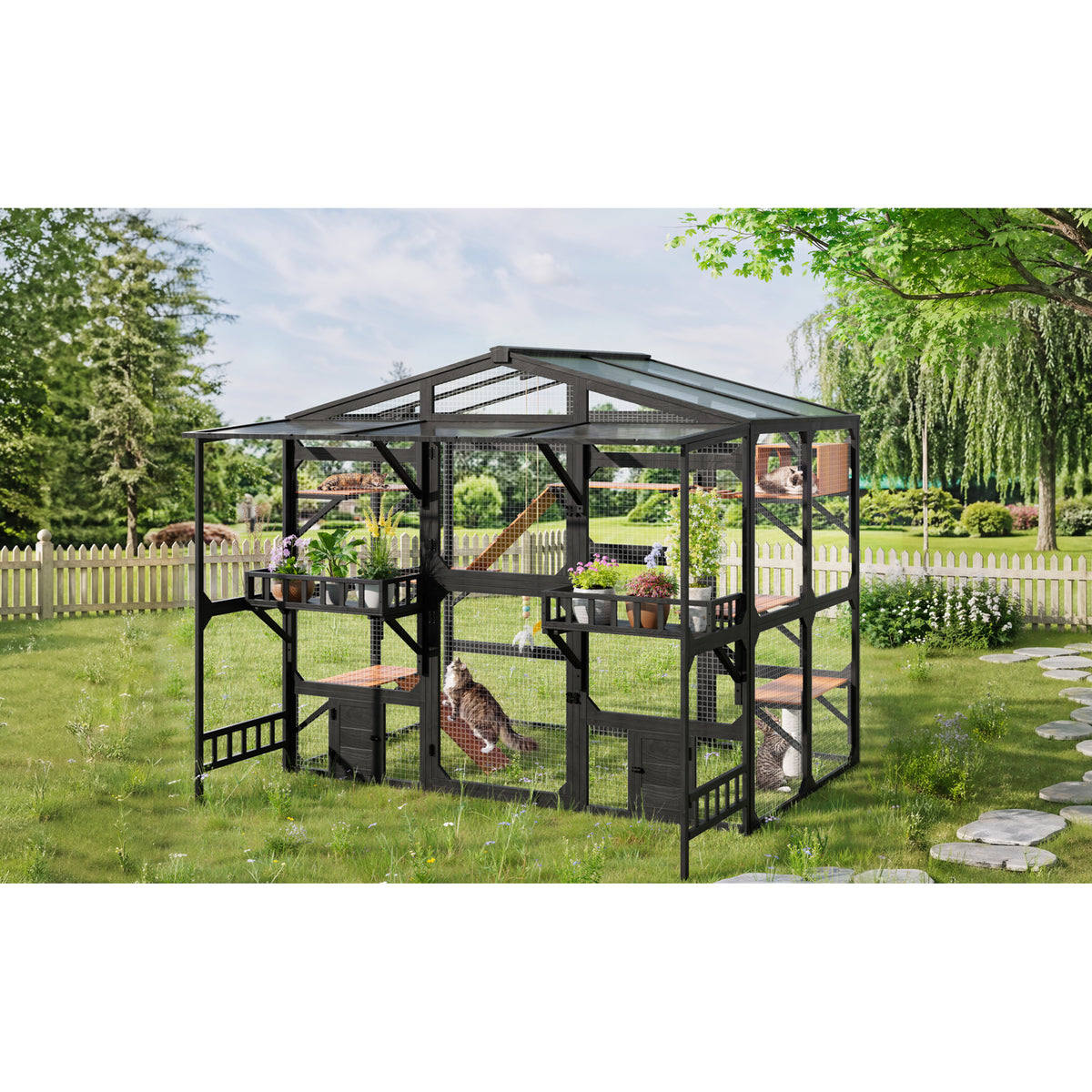 variant-group:rf-n704g201620b|Roomfitters Extra Large Wood Catio Cat Cage Outdoor Kennel with Transparent Sunroof and Dual Storage Shelves Black