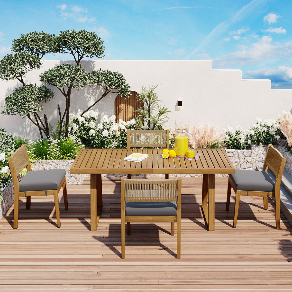 variant-group:rf-n711wy000393aae|Roomfitters Multi-Person Outdoor Acacia Wood Dining Table and Chair Set with Thick Cushions, Suitable for Balcony, Courtyard, Garden, Offering Durable and Comfortable Dining Solutions, Brown