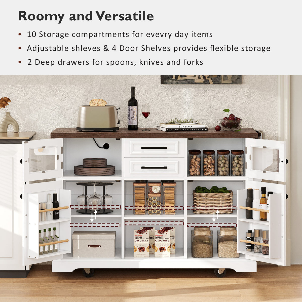 variant-group:rf-n707s300277w|Roomfitters 54.9" Kitchen Island with Drop Leaf, Rolling Kitchen Cart with Barn Door and Glass Door, Storage Cabinet, White