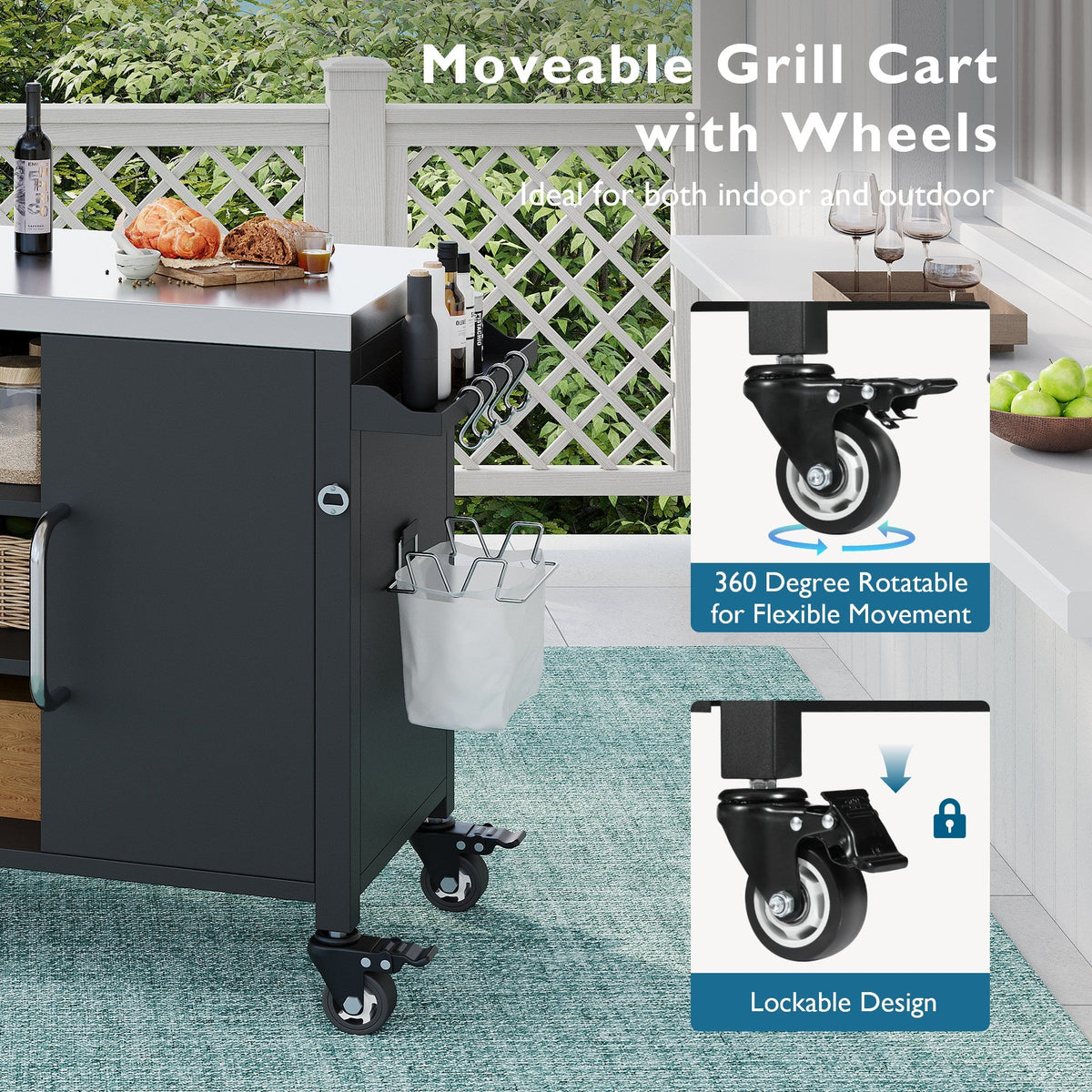 Roomfitters 55.5" Outdoor Kitchen Island with Stainless Steel Sink, Rolling Grill Prep Cart & Storage Cabinet, Black