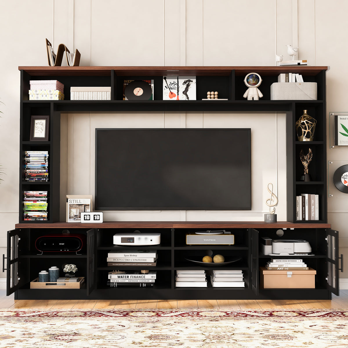 variant-group:rf-n724sj000161aab|Roomfitters 102"W Wall Unit Modern Entertainment Center, 18 Open Storage Shelves, Black