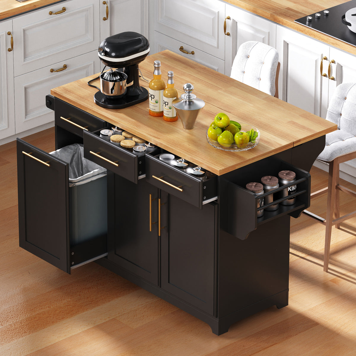 variant-group:rf-n707s299014b|Roomfitters 59.3" Kitchen Island with Power Outlet, Drop Leaf and Double Trash Can Pull Out, Rolling Cart, Black