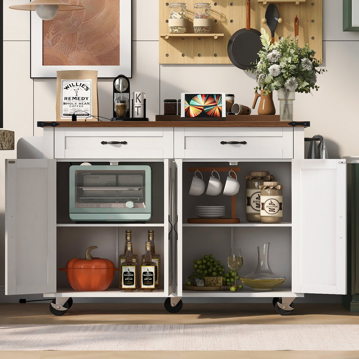 Roomfitters 53.5" Kitchen Island with Power Outlet and Drop Leaf, Rolling Storage Cabinet with Spice Rack, Modern Style, White