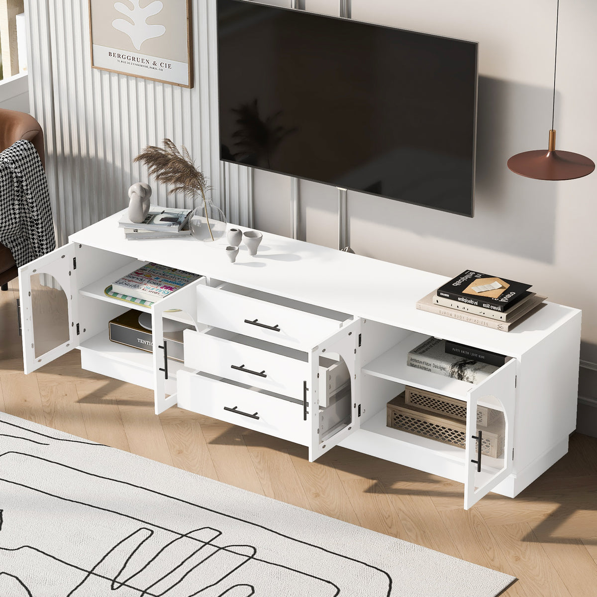variant-group:rf-n724p284467k|Roomfitters Modern Minimalist TV Stand for up to 75 Inch TV, Entertainment Console Cabinet with Adjustable Shelves, White