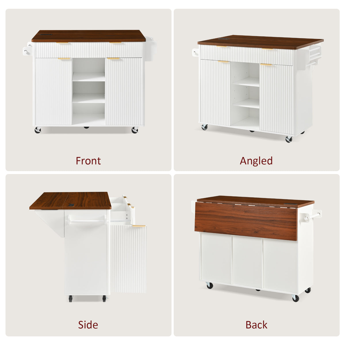variant-group:rf-n707s000019w|Roomfitters 52" Fluted Kitchen Island with Drop Leaf, Power Outlet & Walnut Wood-Grain Top, White