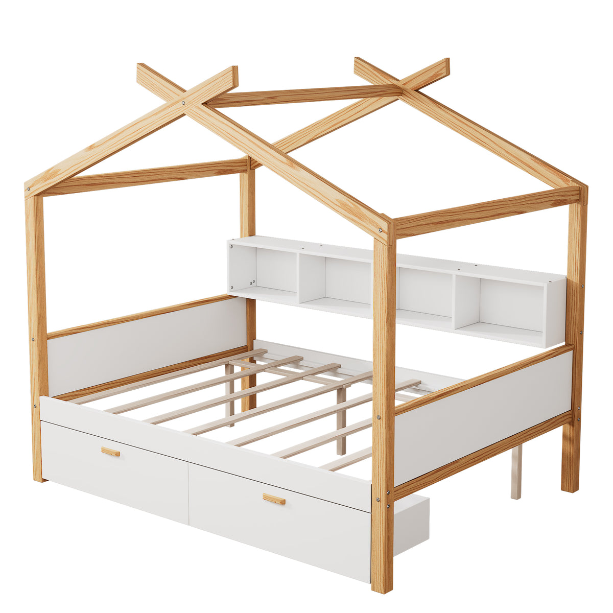 variant-group:rf-n701p443473k|Roomfitters Full Size Wooden House Bed Frame with 2 Drawers, Bookshelf Storage Furniture, No Box Spring, White Natural