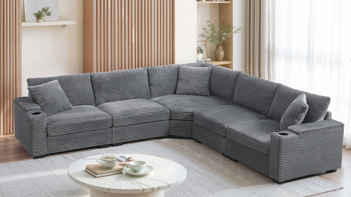 variant-group:rf-n723s1187e|Roomfitters 104 Inch Modern L-Shaped Sectional Sofa with Cup Holders, Comfortable Corduroy Upholstered Corner Couch, Gray
