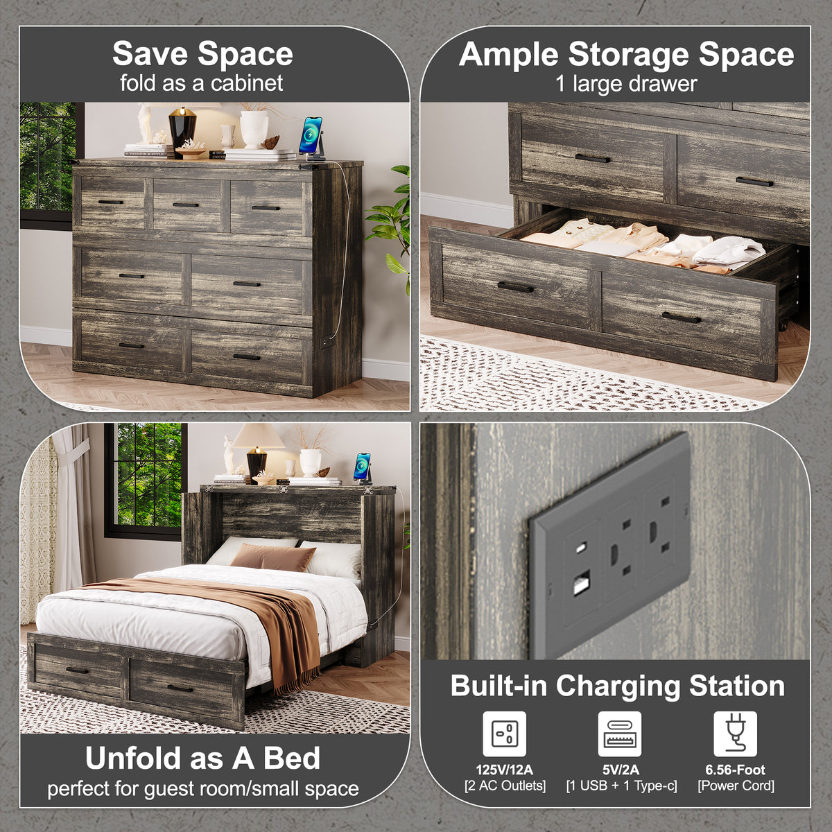 variant-group:rf-n733s293995g|Roomfitters Full Size Murphy Bed Cabinet with Charging Station, Foldable Platform Bed with Storage Drawer, Rustic Gray