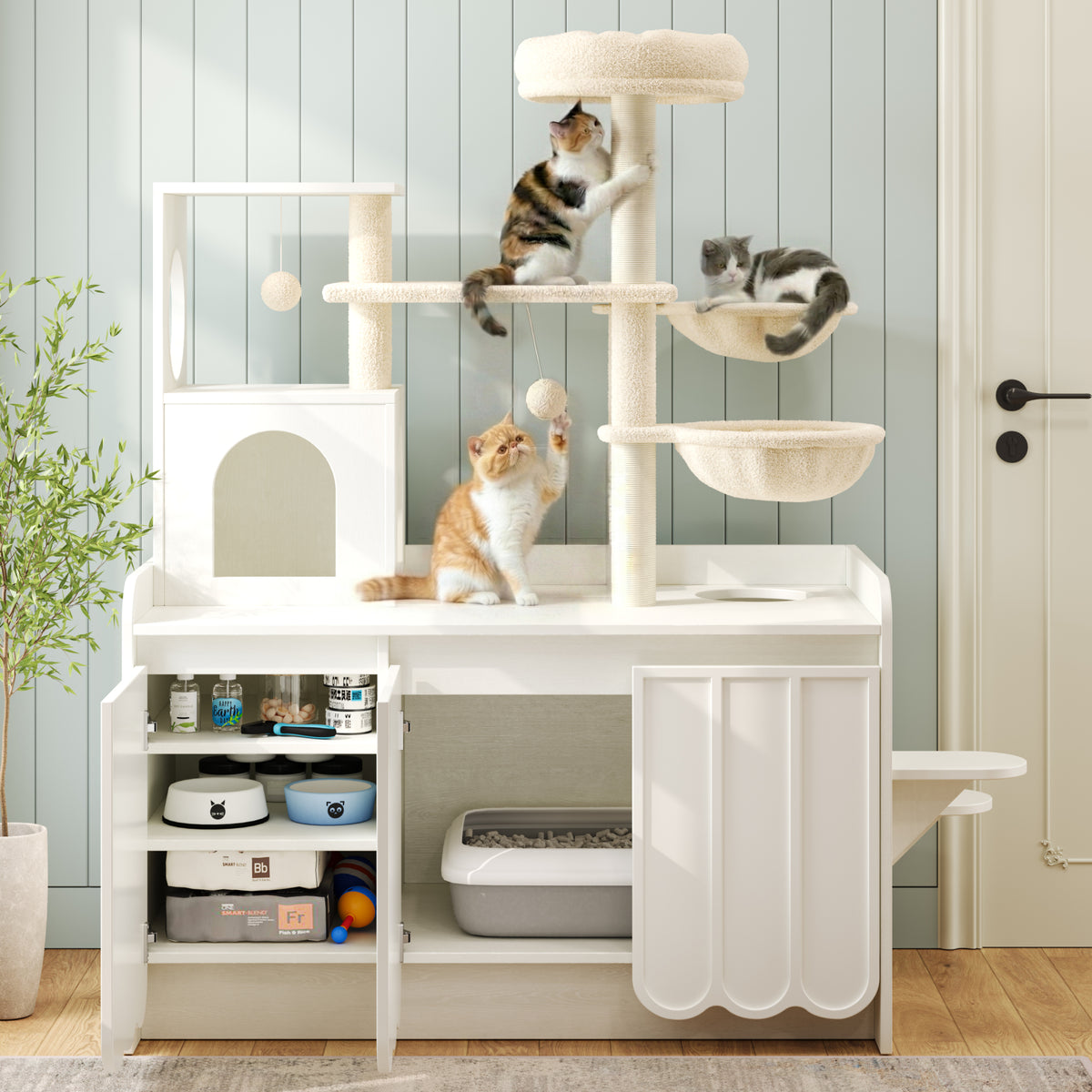 variant-group:rf-n704p443505k|Roomfitters All-in-One Modern Multi-Level Cat Tree Tower Condo with Hidden Litter Box Enclosure Space White