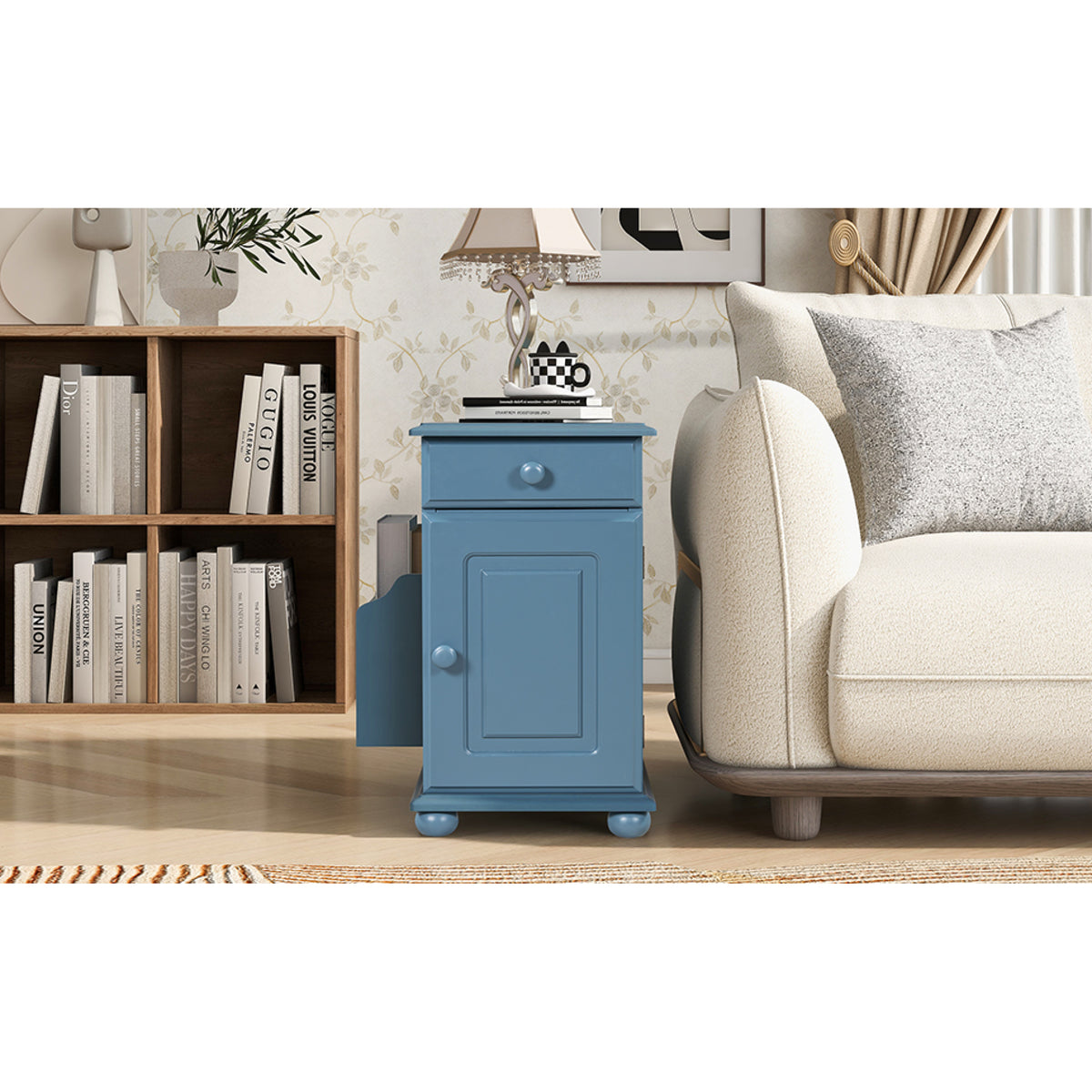 variant-group:rf-n724p293133m|Roomfitters Vintage Sofa Side Table with USB Ports, Flip Top, Cup Holders and Bookshelf Storage for Small Spaces, Navy Blue