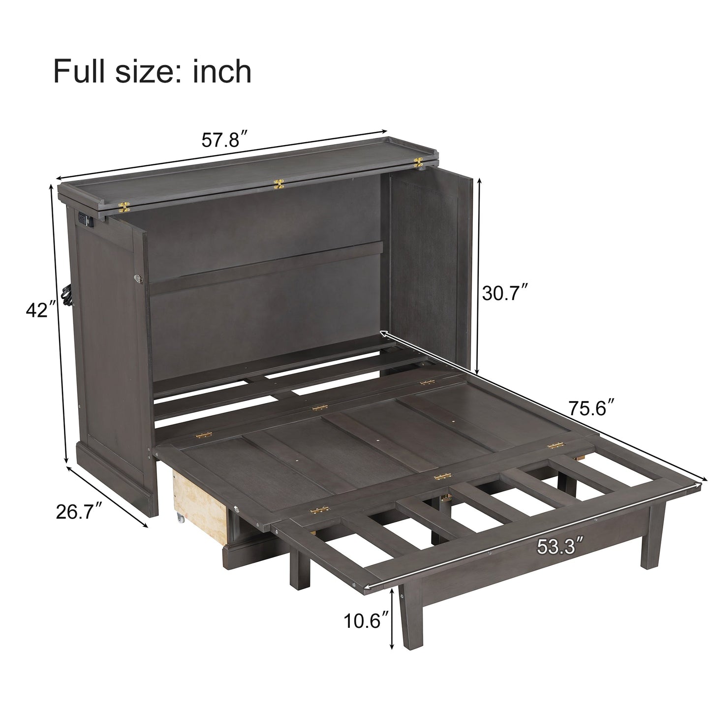 Roomfitters Full Size Solid Wood Murphy Bed Chest Cabinet, Farmhouse Wall Bed Charging Station Storage Drawer, Grey Roomfitters