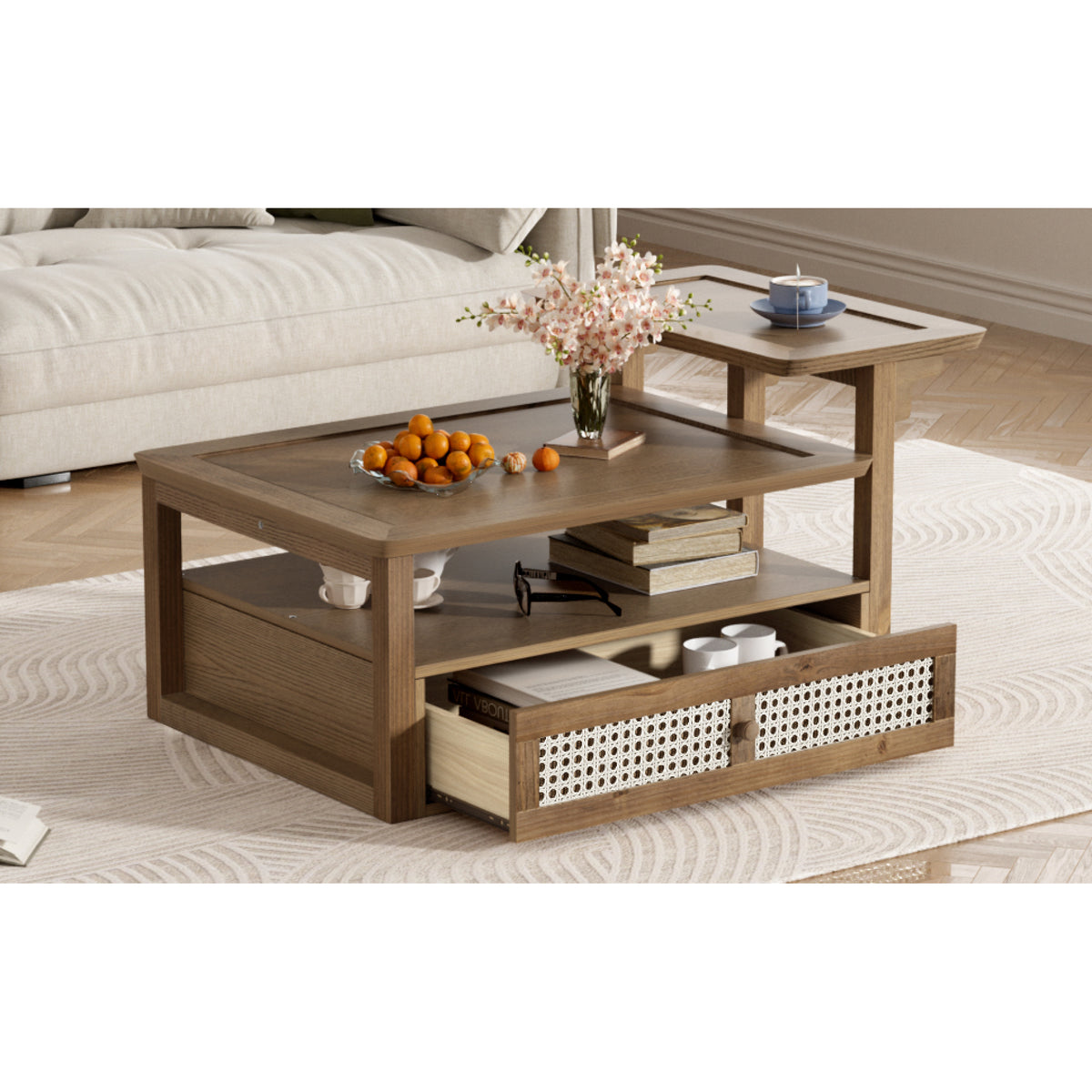 variant-group:rf-n724p232190d|Roomfitters Modern Coffee Table with Open Shelf, Dual Tabletops and Rattan Accent Storage, Walnut