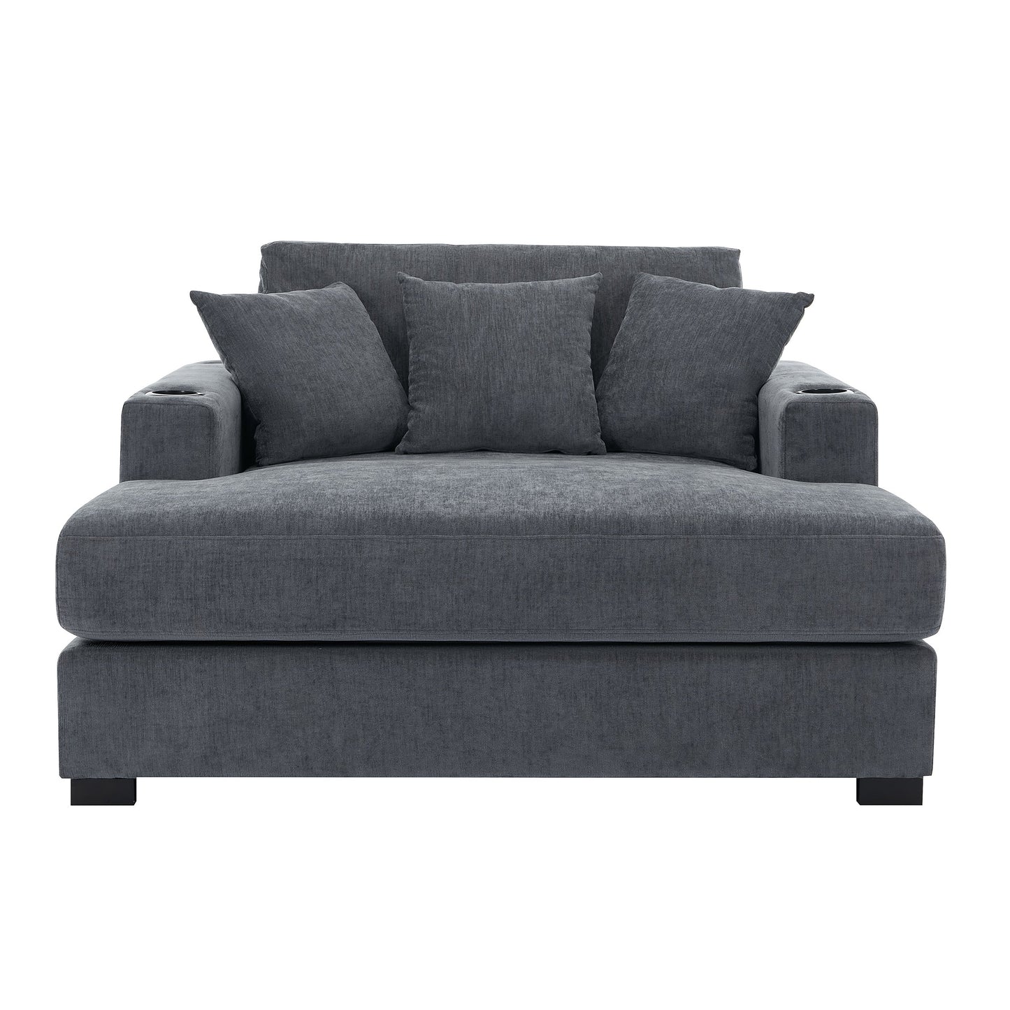 Roomfitters Oversized Chaise Lounger Sofa Couch, Upholstered Accent Chair Charge Station Cup Holders, Blue Gray