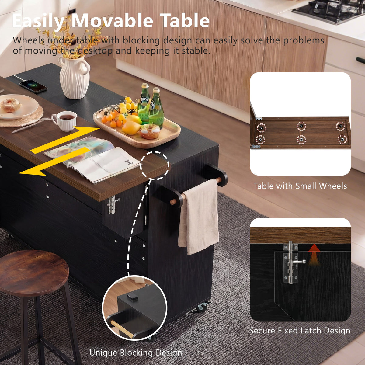 variant-group:rf-n707s000026b|Roomfitters 102.3" Kitchen Island with Tilt Out Trash Can Cabinet, Rolling Storage Cart, Slide-out Spice Rack, Black