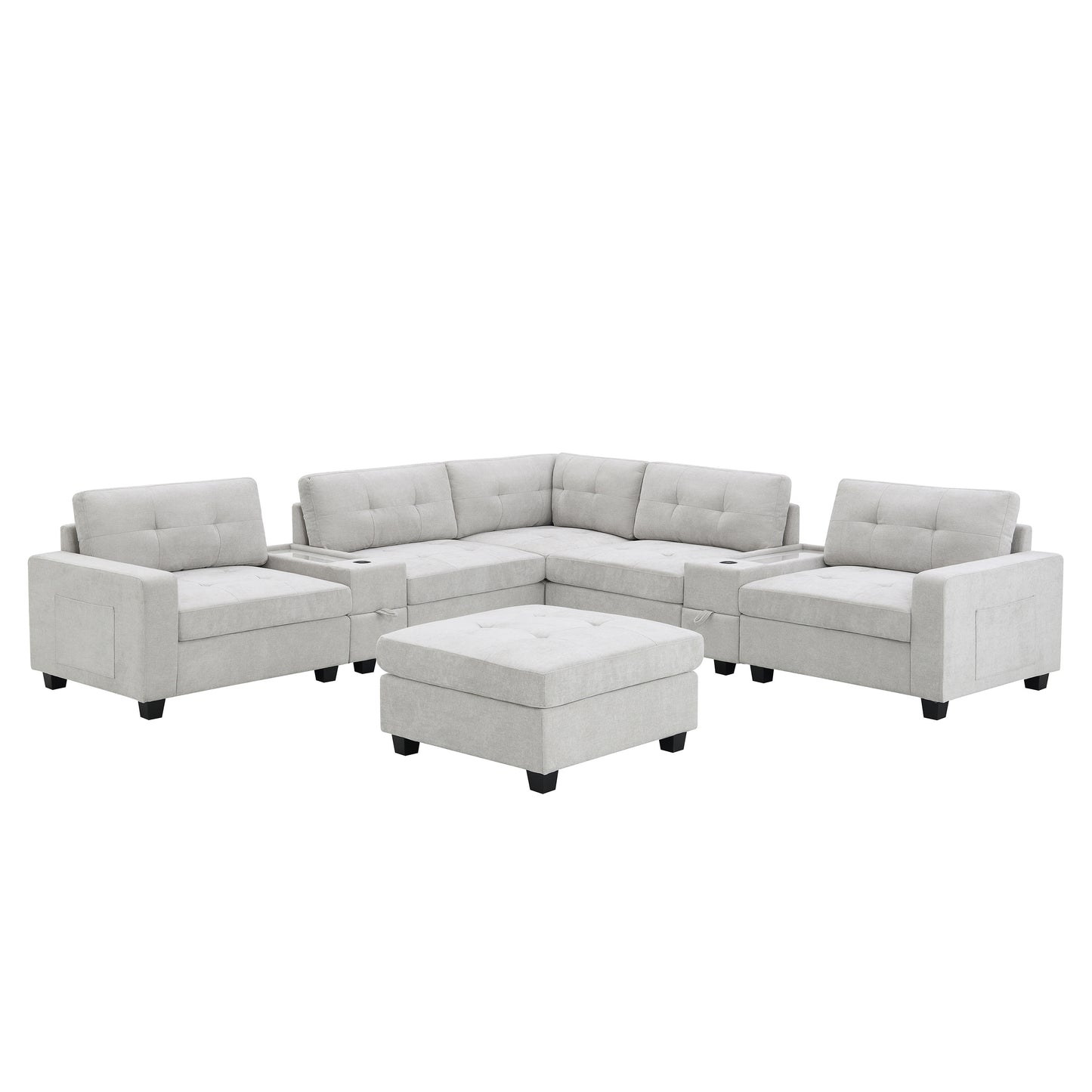 variant-group:rf-n723s1191k|Roomfitters 104 Inch Modular Sectional Sofa with Console and Cup Holders, Upholstered L-Shape Couch for Home Decor, Light Gray