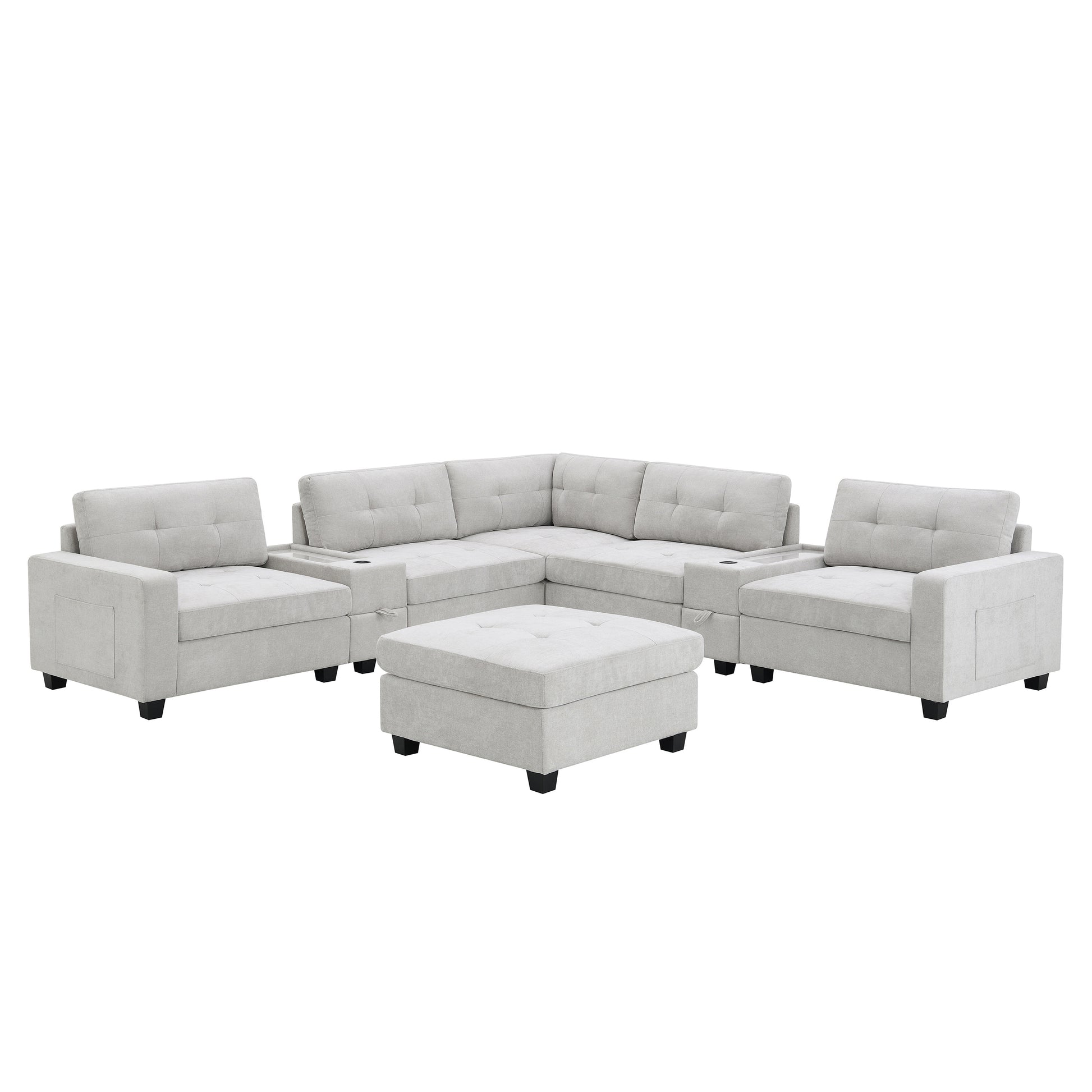 variant-group:rf-n723s1191k|Roomfitters 104 Inch Modular Sectional Sofa with Console and Cup Holders, Upholstered L-Shape Couch for Home Decor, Light Gray