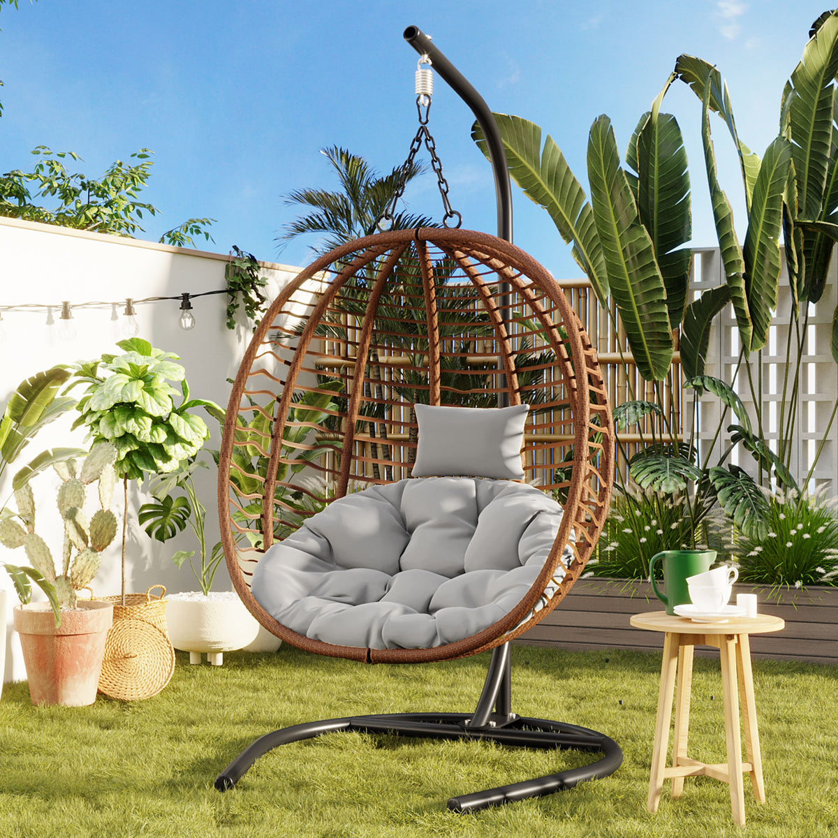 variant-group:rf-n711p389503g|Roomfitters Single Person Folding Egg Chair with Stand, UV Resistant Wicker Rattan Swing for Patio, Garden, Brown+Gray