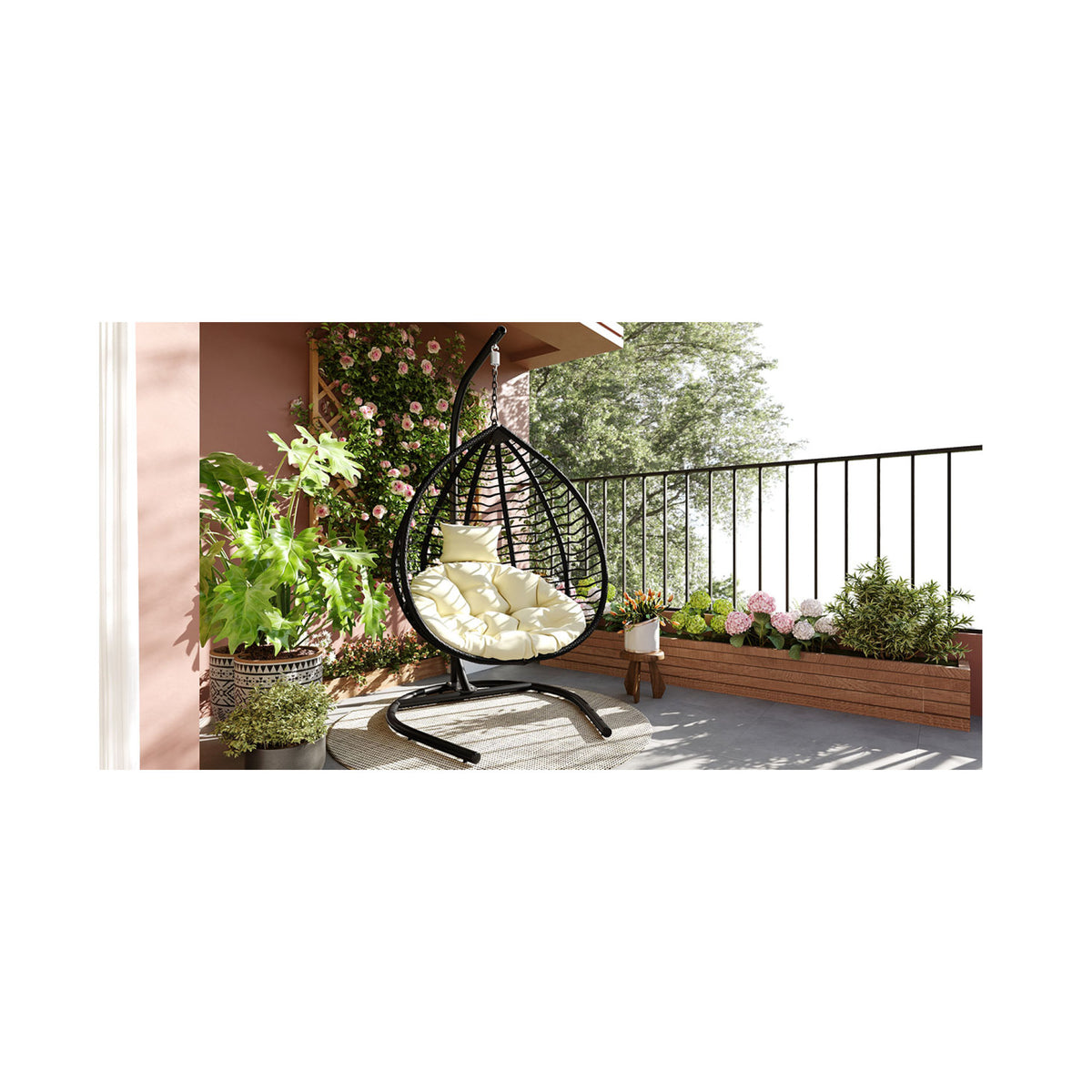 variant-group:rf-n711p389502a|Roomfitters Indoor Outdoor Hanging Egg Hammock Chair with Stand, Wicker Rattan Swing for Patio and Bedroom, Black+Beige