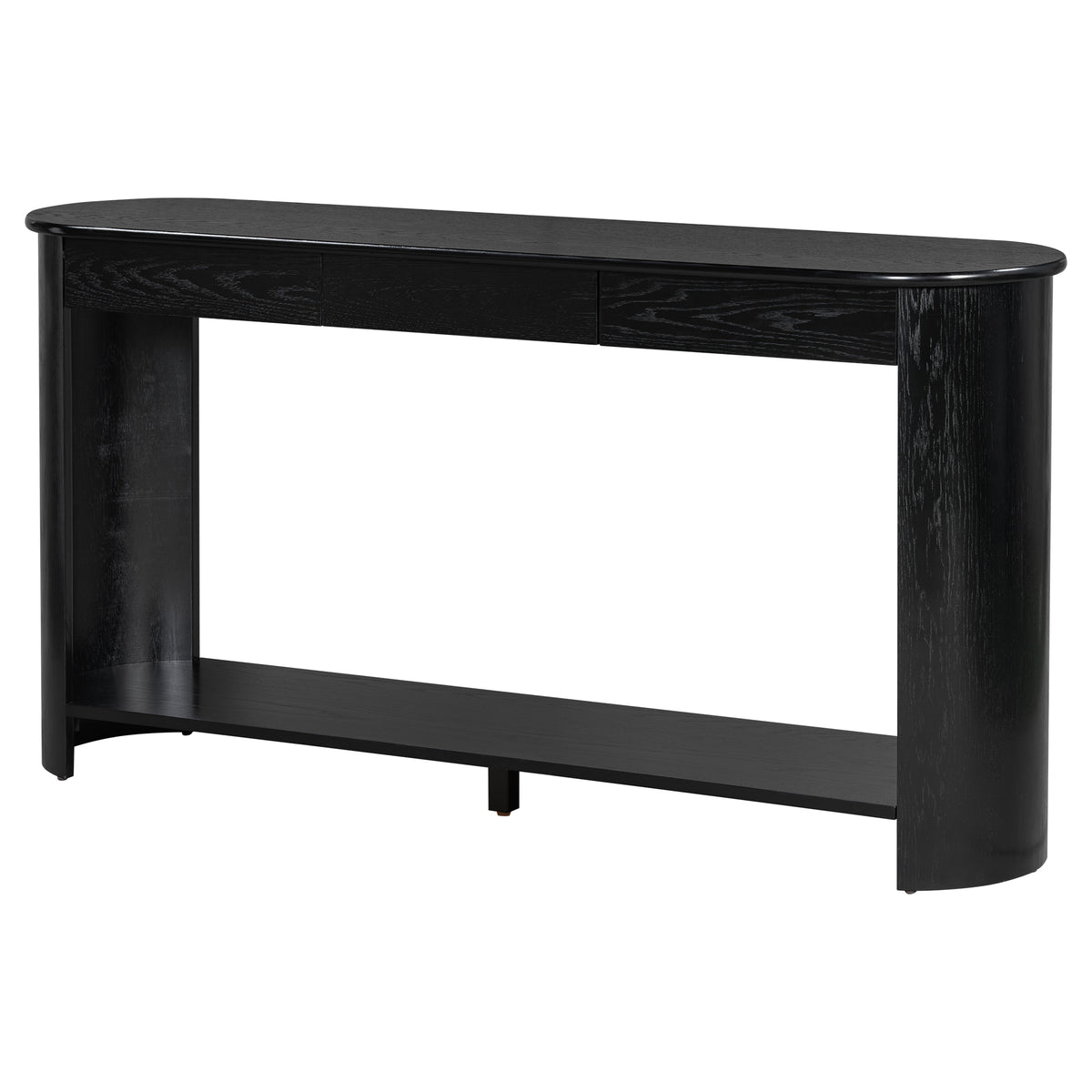 variant-group:rf-n711p395523b|Roomfitters Modern Farmhouse Black Oak Veneer Semi-Circular Console Table with 3 Drawers and Open Bottom Storage Shelf