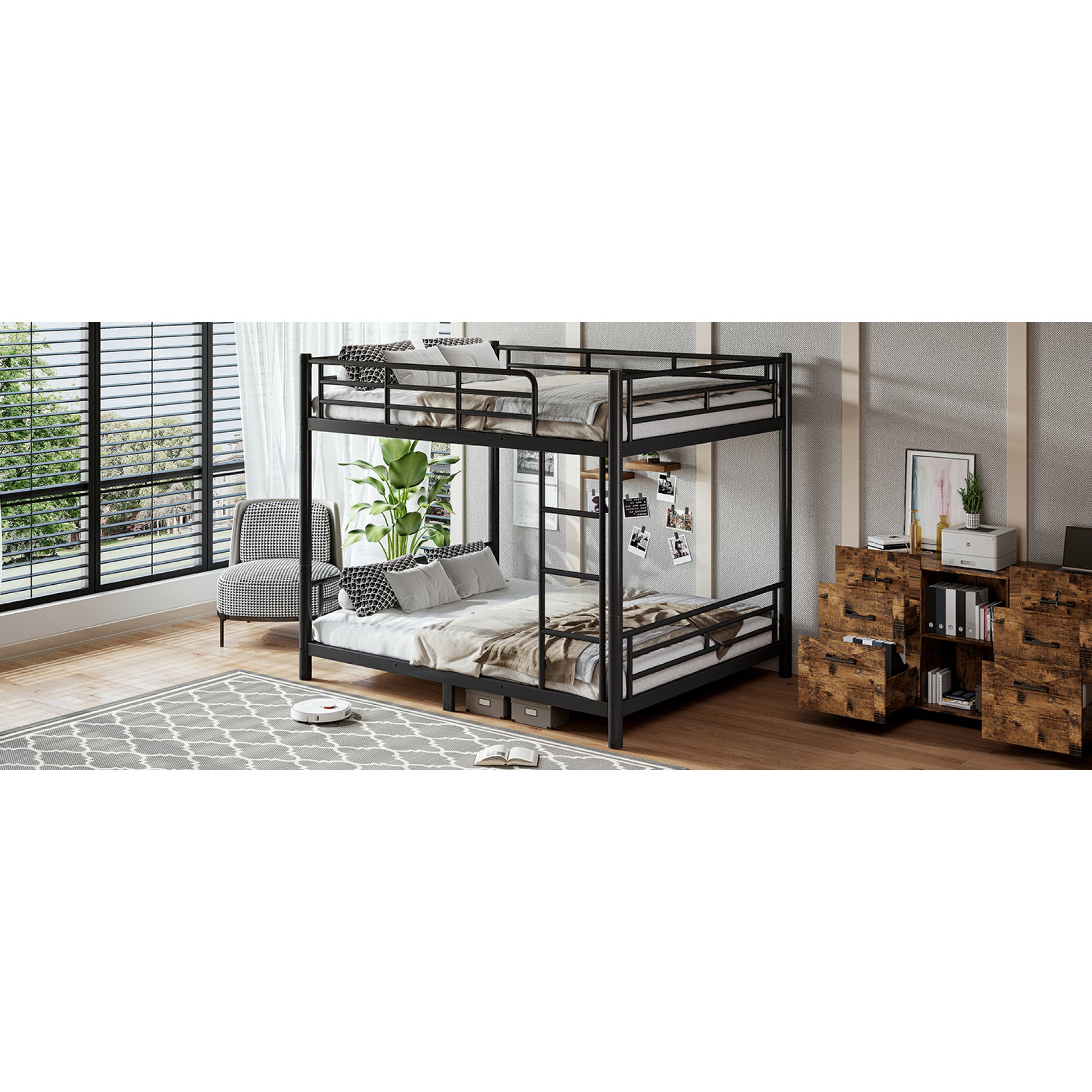 variant-group:rf-w1580s00607|Roomfitters Queen over Queen Metal Bunk Bed Frame for Teens Adults, Convertible 2 Separate Beds Round Tube, Black