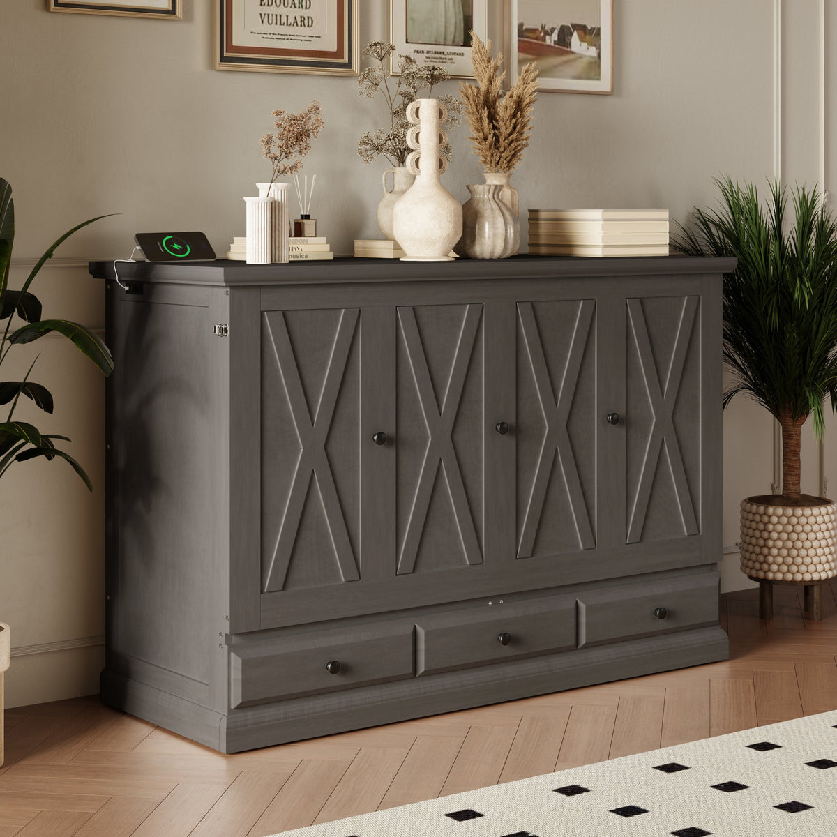 Roomfitters Full Size Solid Wood Murphy Bed Chest Cabinet, Farmhouse Wall Bed Charging Station Storage Drawer, Grey Roomfitters