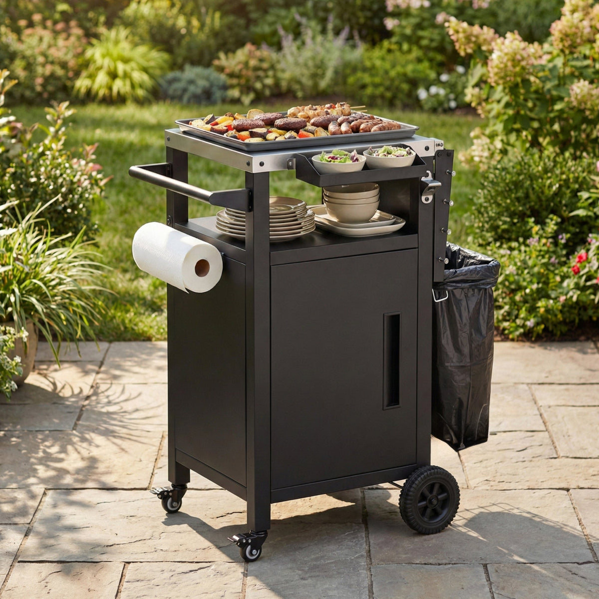 Roomfitters 33.9" Grill Cart with Stainless Steel Top, BBQ Prep Station with Spice Rack and Hamper Bag, Rolling Cart, Black