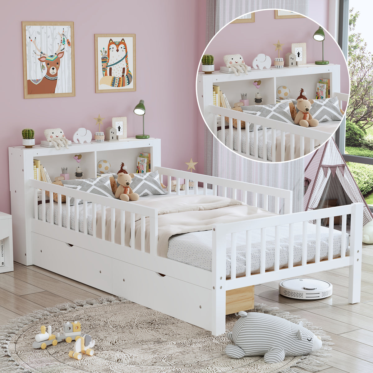 variant-group:rf-n733p272374k|Roomfitters Twin Bed with Headboard Storage Rack, Under-Bed Storage and Three-Side Guardrails, White