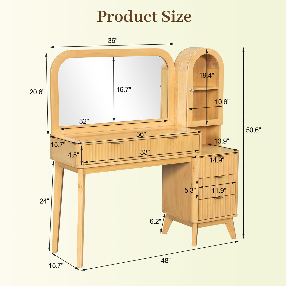 Roomfitters 48-Inch Fluted Makeup Vanity Desk with Arched Tower Glass Cabinet and Built-In Power Charging Station Natural Roomfitters