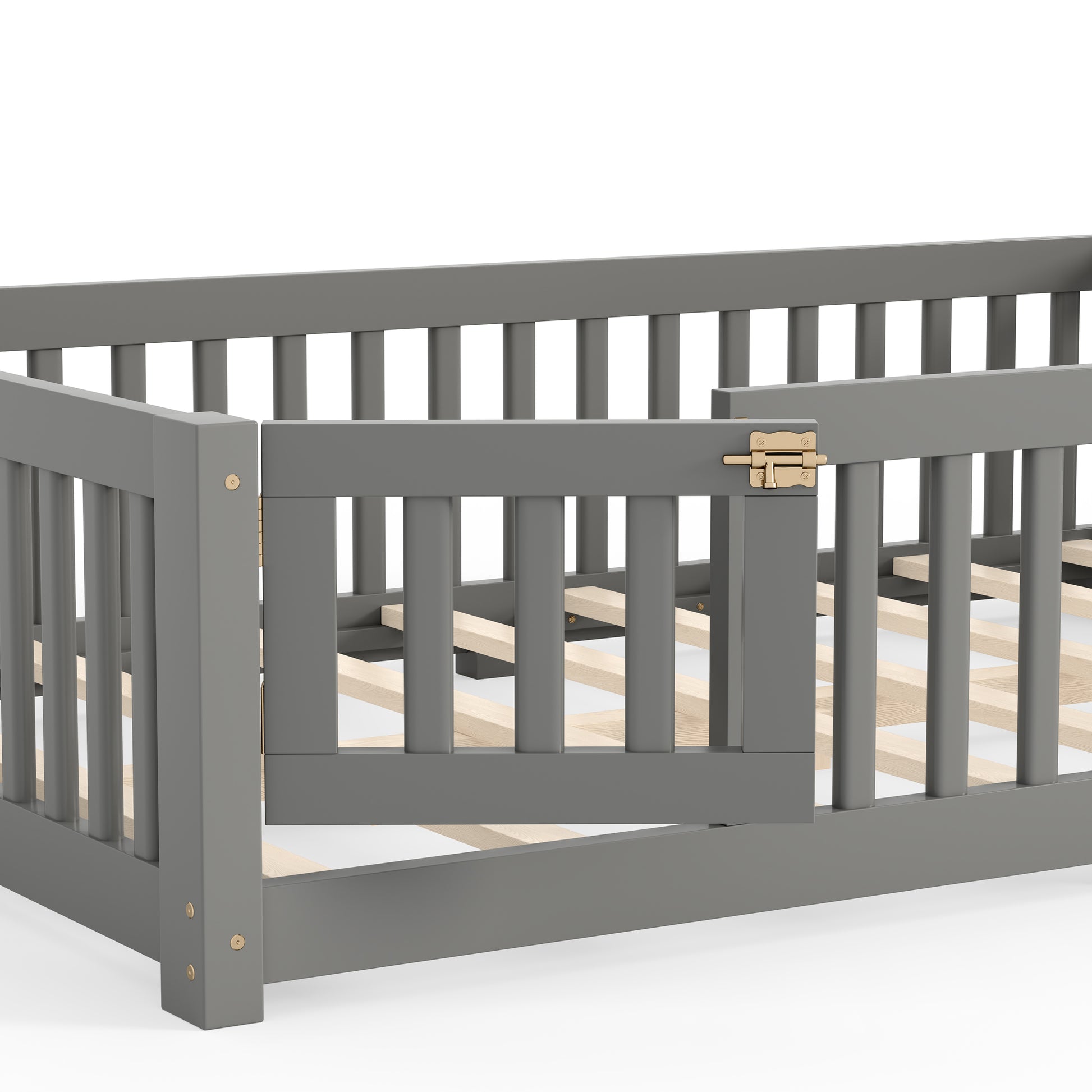 variant-group:rf-w1580p462318|Roomfitters Full Size Wooden Floor Bed Frame with Safety Guardrails Door, Solid Wood Low Profile Toddler Play Bed, Gray