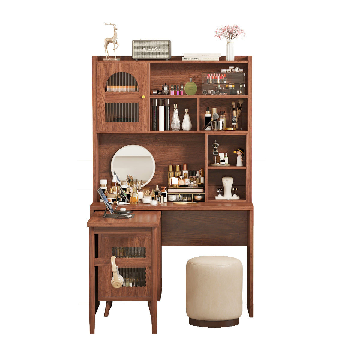 variant-group:rf-n733s363716d|Roomfitters Rotating L-Shaped Computer Desk with Shelves and Storage, 90° Swivel Office Writing Desk, Walnut