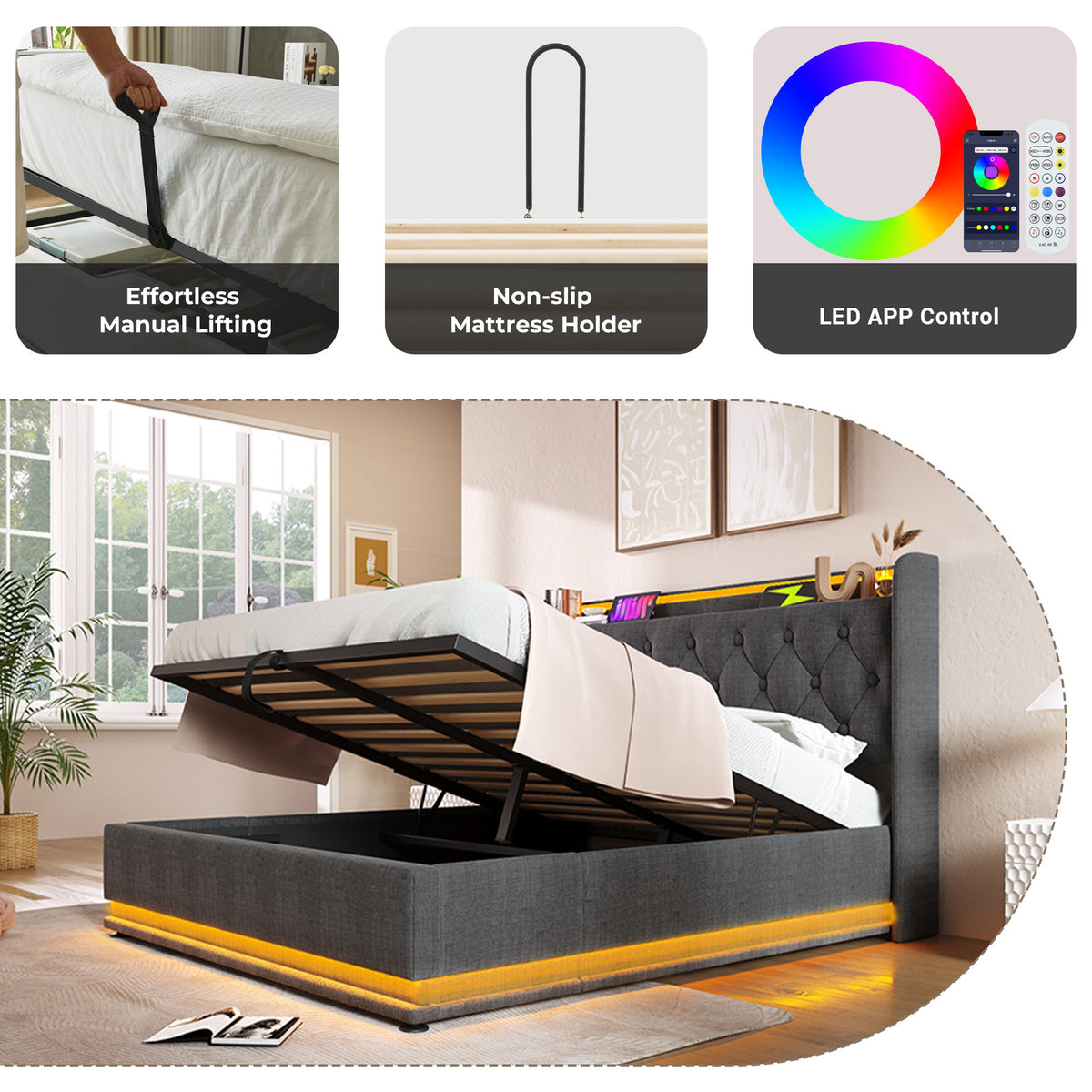 variant-group:rf-n736p188806g|Roomfitters Full Size Upholstered Storage Bed with USB Type-C Charging and Remote Control, Linen Gray