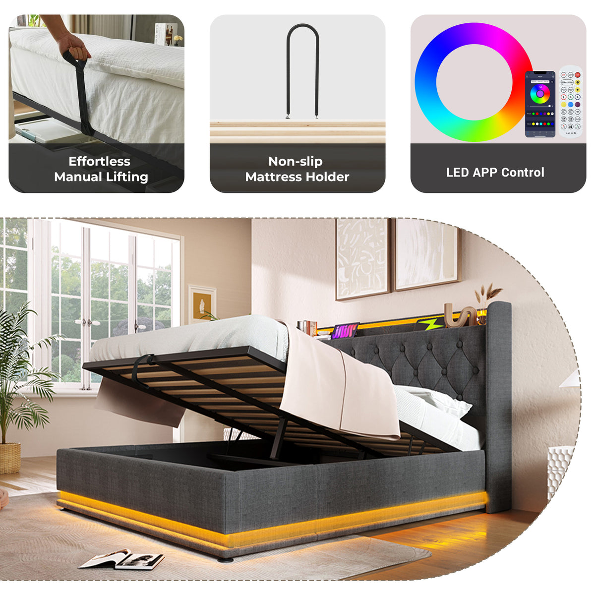 variant-group:rf-n736p188807g|Roomfitters Queen Size Upholstered Storage Bed with USB Type-C Charging and Remote Control, Linen Gray