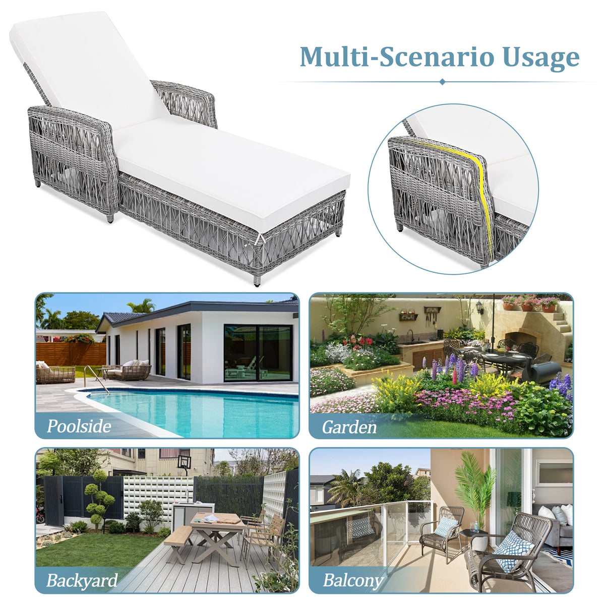 Roomfitters Outdoor Reclining Chaise, Adjustable Wicker Lounge Chair with Armrests & Cushions for poolside, Set of 2, Beige Roomfitters