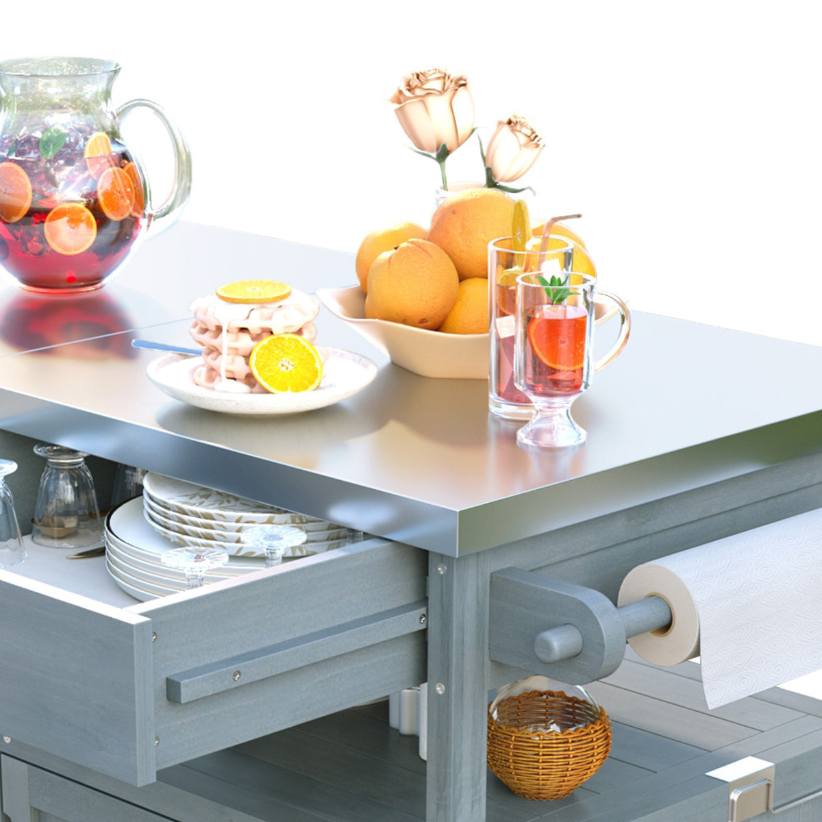 variant-group:rf-n707p228272g|Roomfitters 40.5" Outdoor Grill Cart with Stainless Steel Top, Wood Storage Cabinet, Drop Leaf, Rolling Cart, Blue Grey