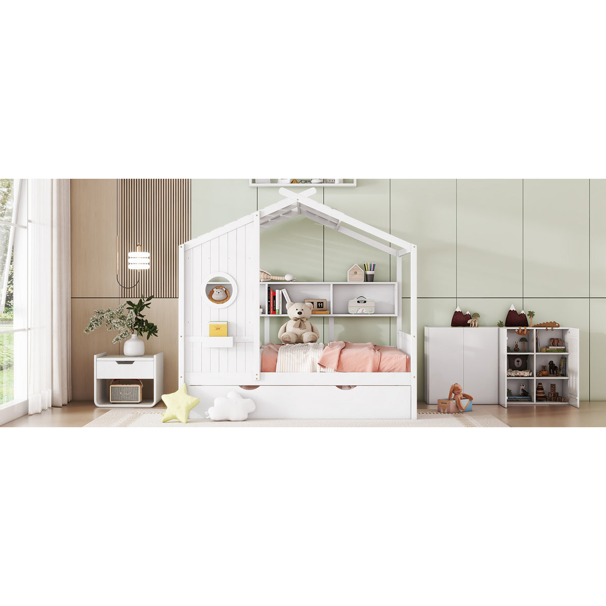 variant-group:rf-n733s316125k|Roomfitters Wooden Full Size House Bed with Trundle and Storage Shelf, White